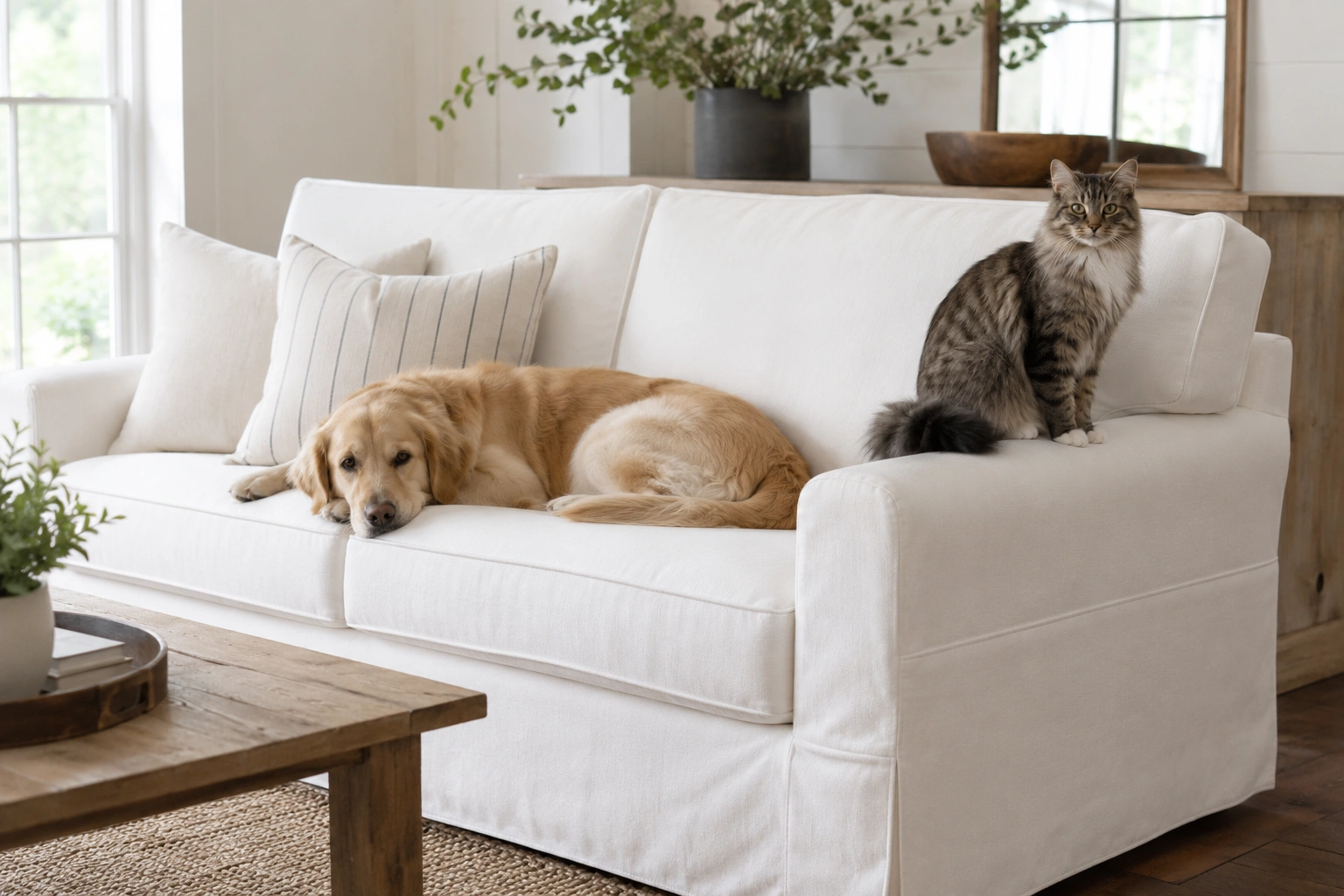 Clean white slipcovered sofa with dog and cat sitting together peacefully