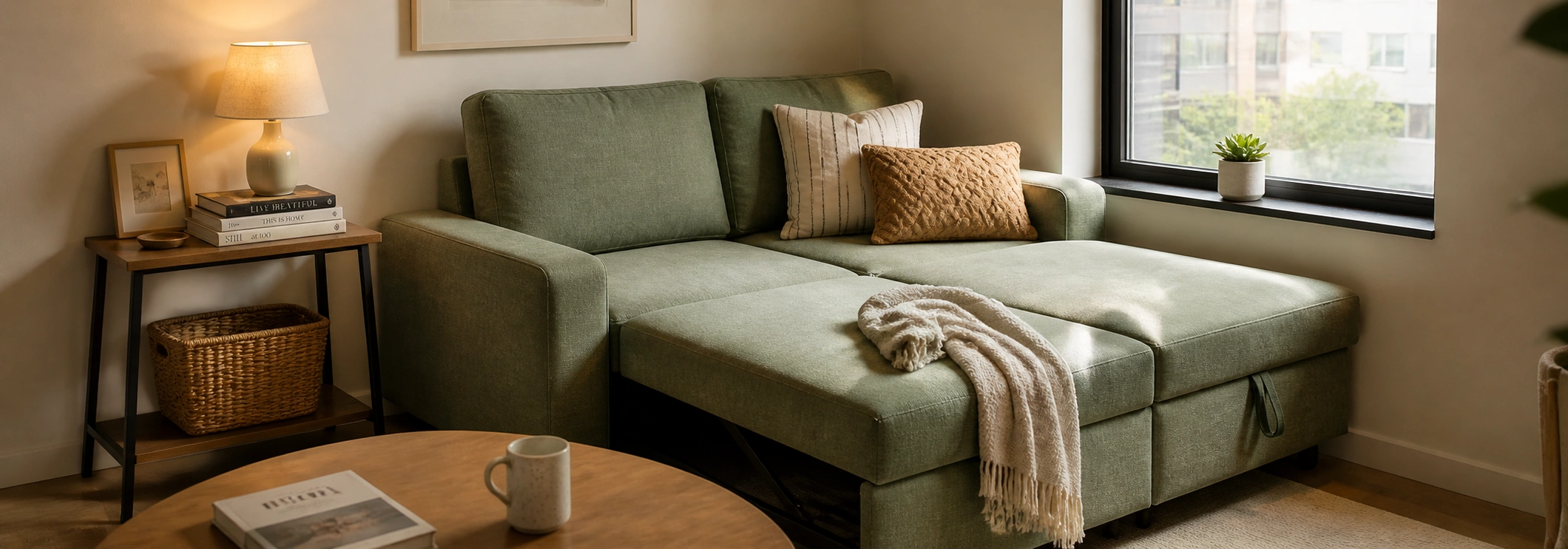 Compact apartment sofa with chaise extension optimized for small space napping