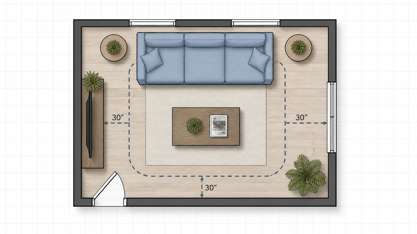 Top-down floor plan showing proper sofa placement in a small living room layout