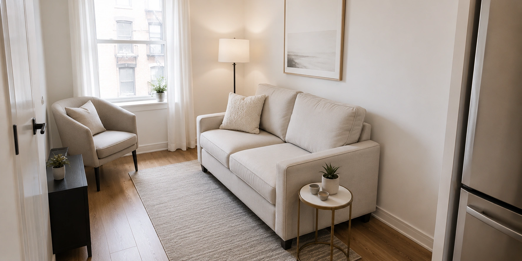 Compact loveseat against the wall in a small apartment living room with minimal furniture
