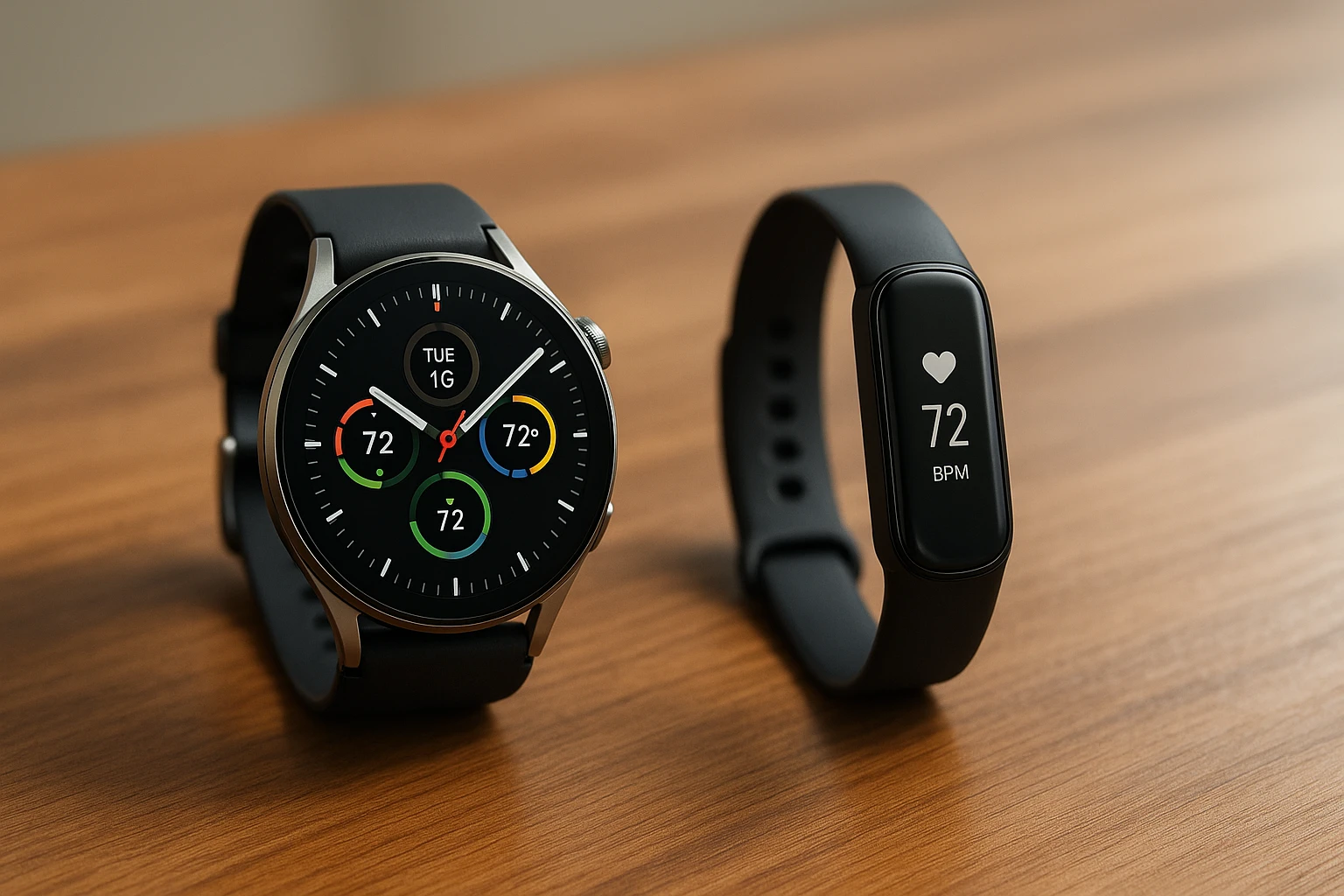 Smartwatch and fitness tracker side by side