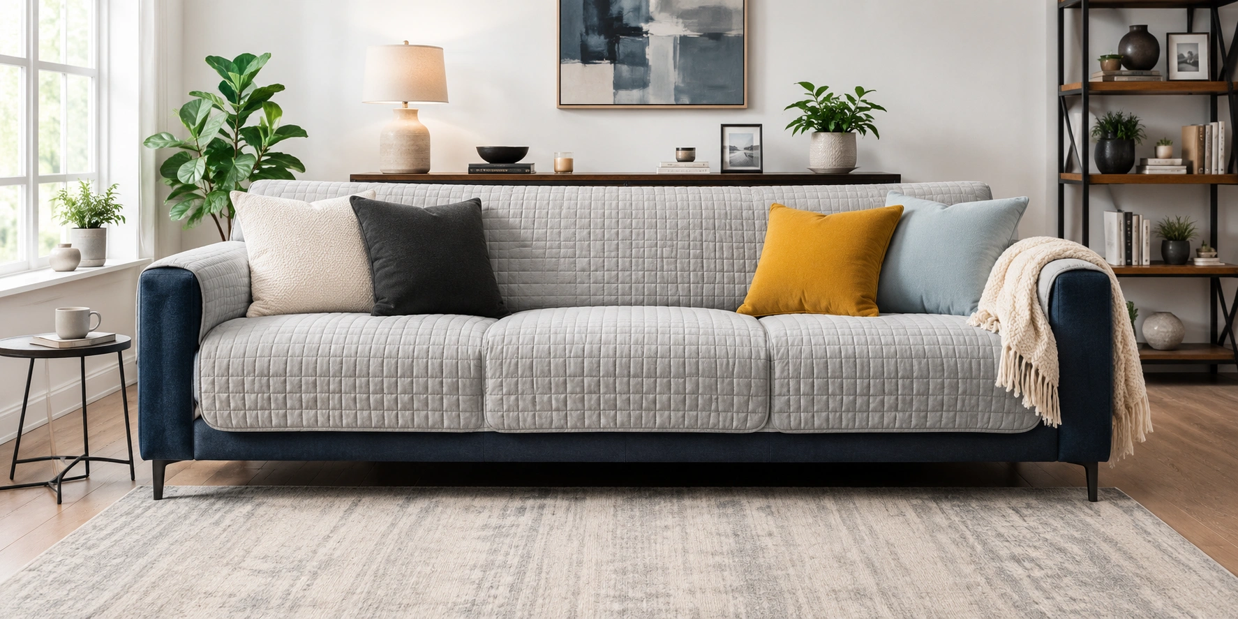 Complete sofa accessory setup showing covers, pillows, throw, side table and new legs on a living room couch