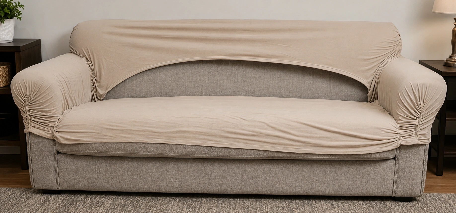 Ill-fitting sofa cover bunching at corners showing what happens with wrong size purchase