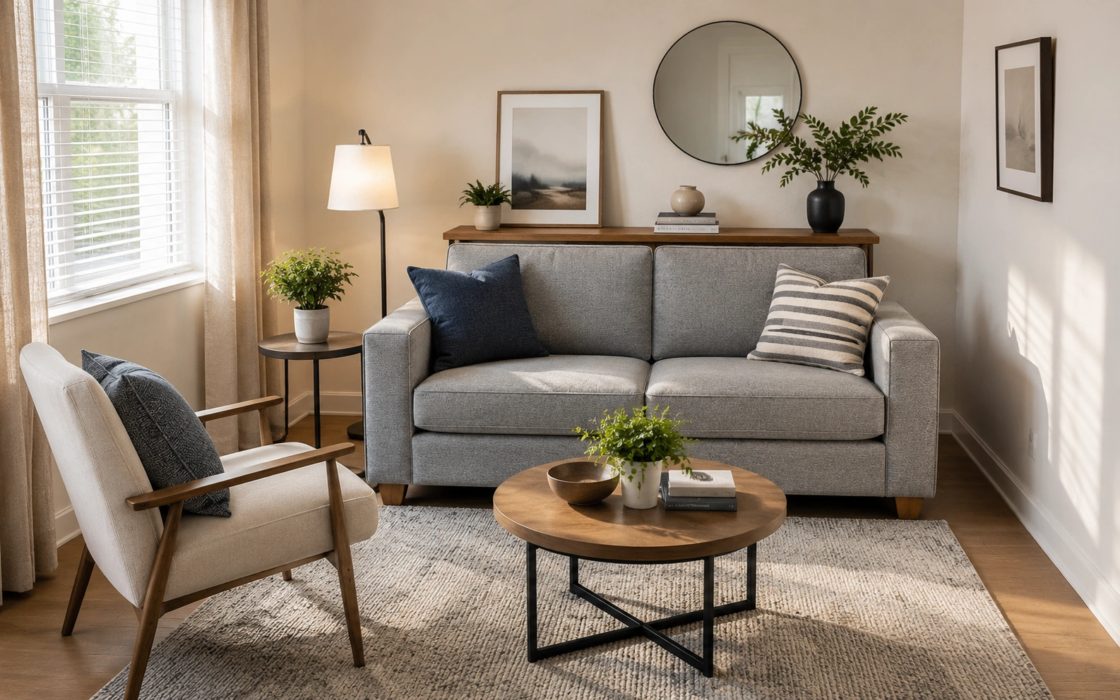Sofa pushed against the longest wall in a small living room