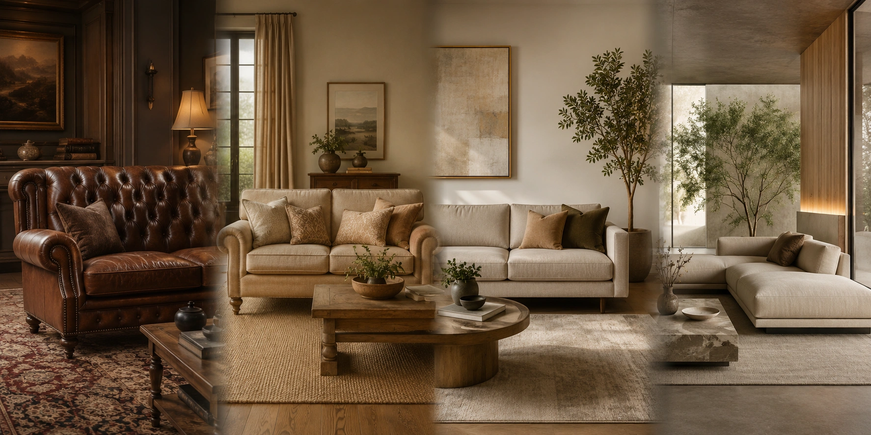 Collage showing different sofa styles ranging from formal high back Chesterfield to sleek low back modern designs
