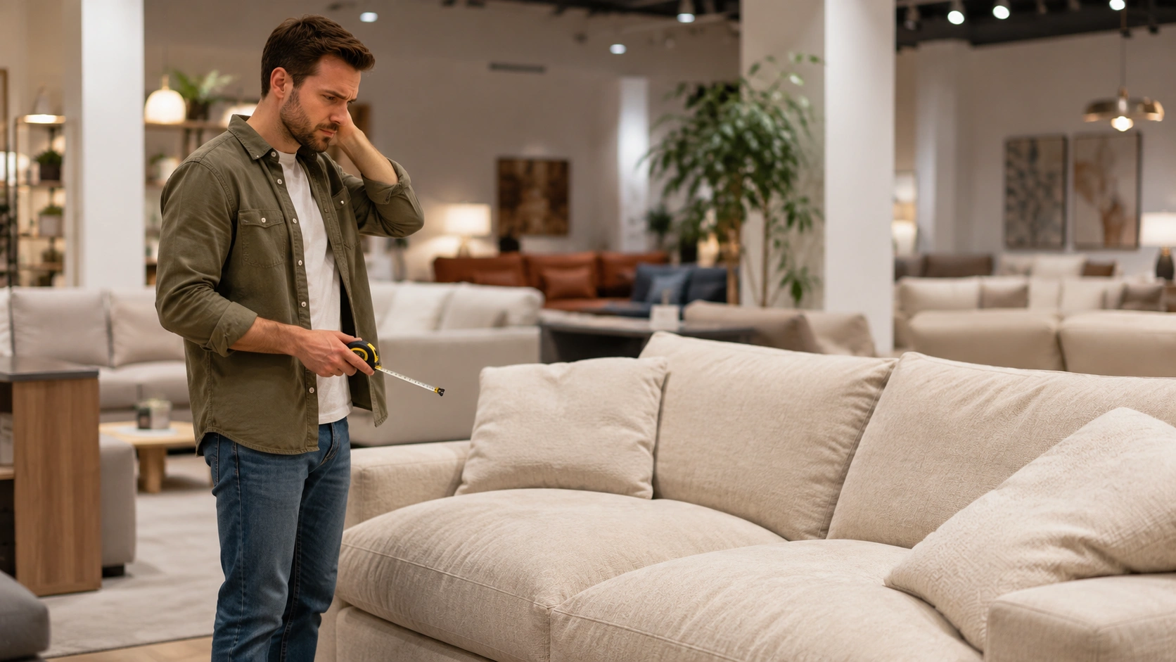 Person frustrated after buying the wrong sofa for back pain, showing common shopping mistakes