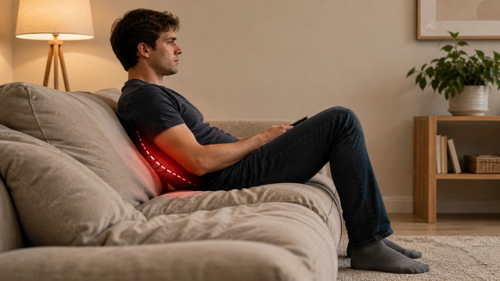 Person sitting with poor posture on a soft sofa causing back strain