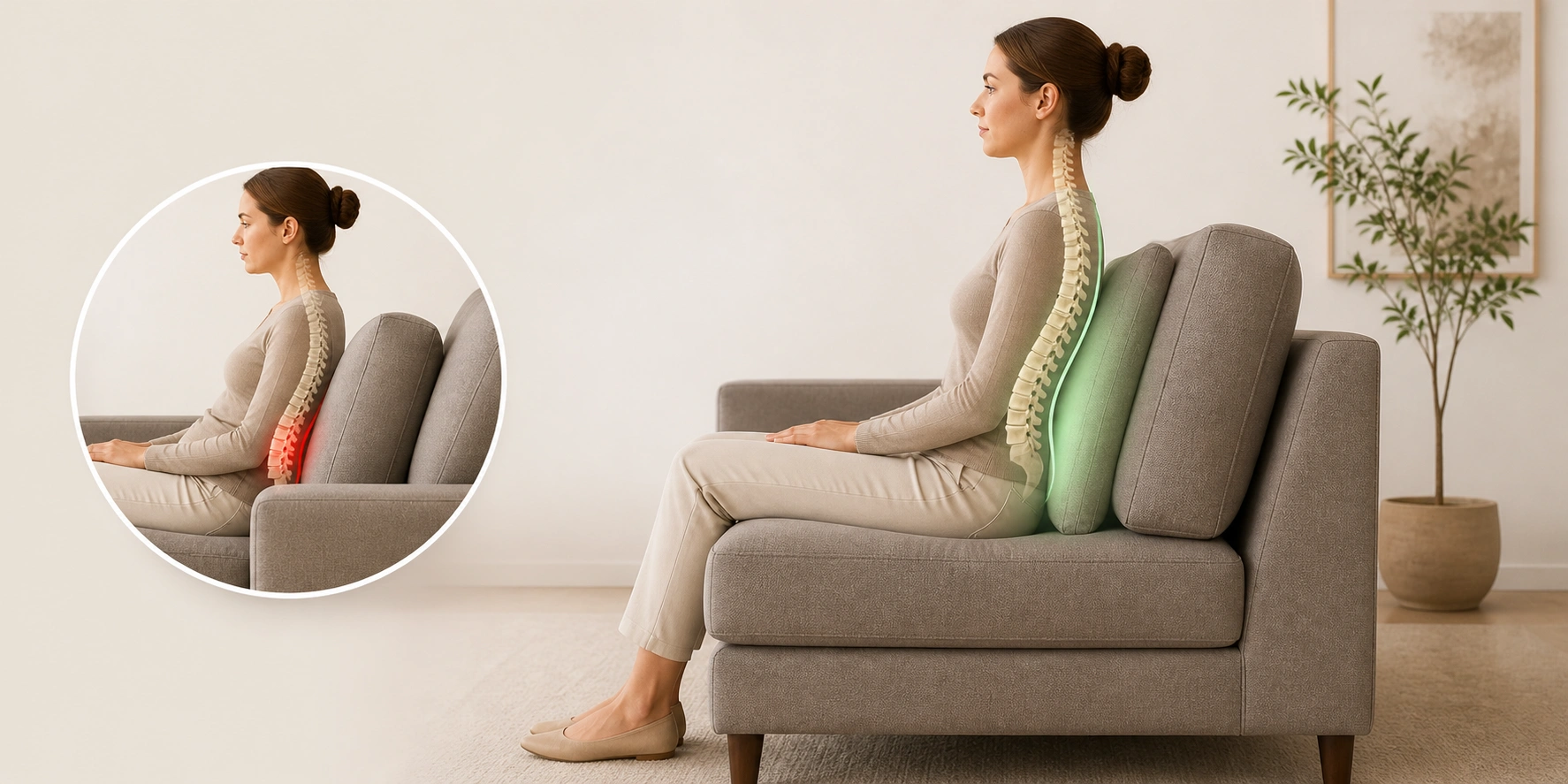 Illustration of proper lumbar support on a sofa showing spine alignment and back cushion positioning
