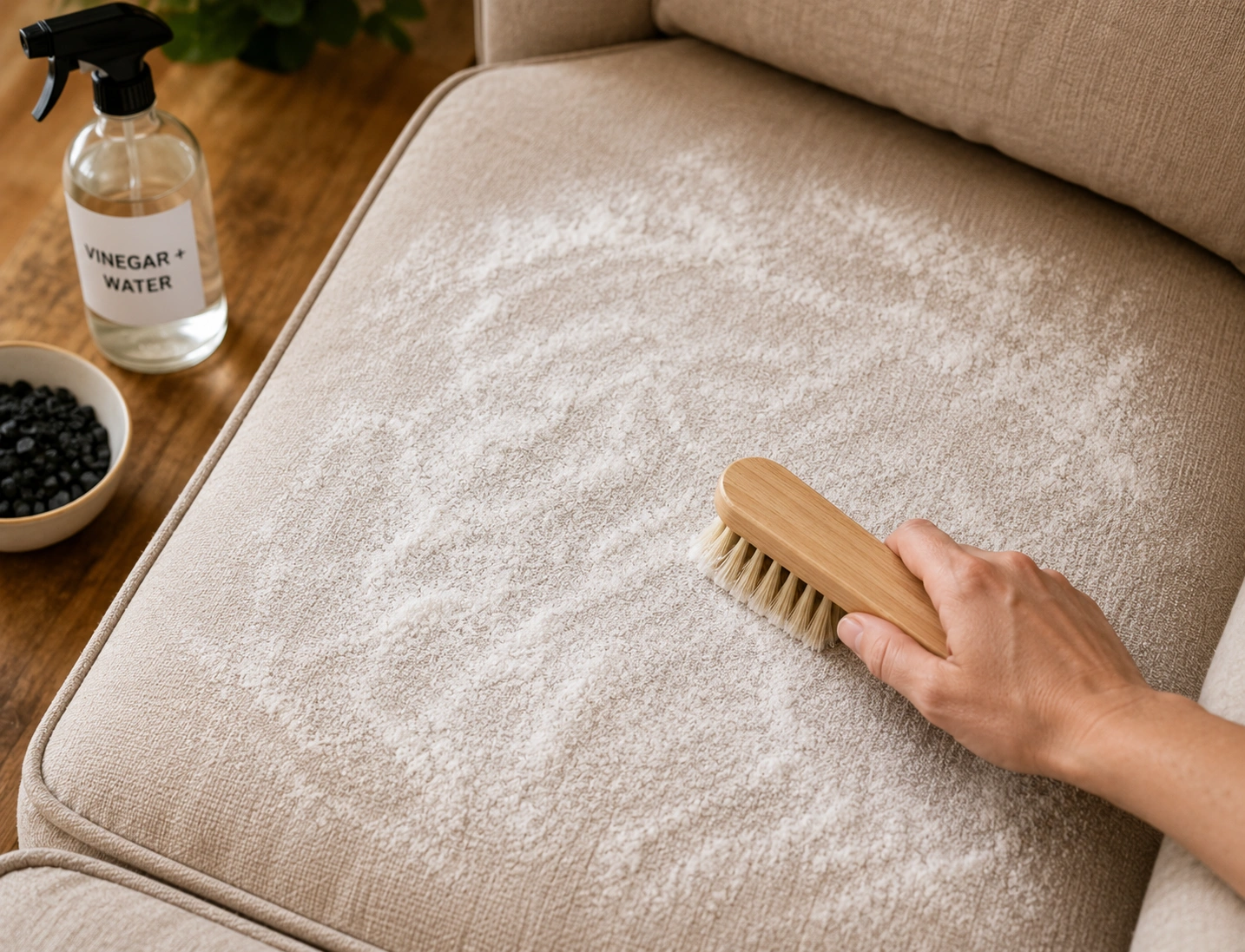 Baking soda being sprinkled on sofa cushion to absorb bad odors from fabric