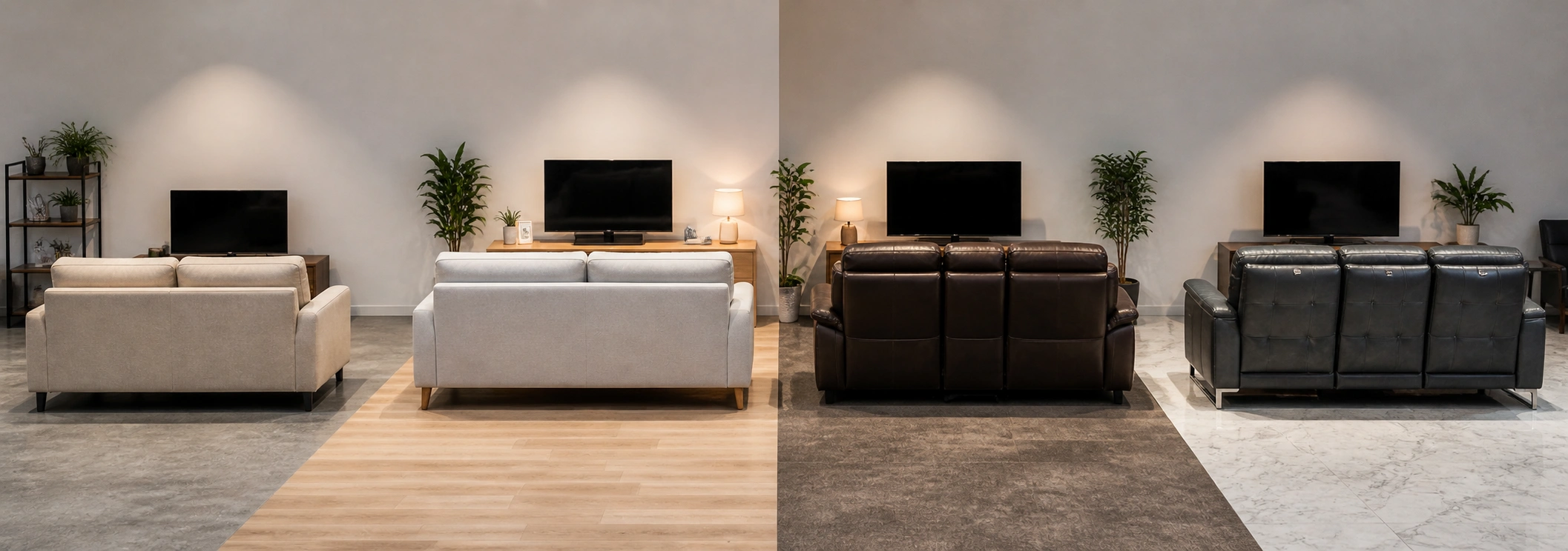 Four sofas at different price points arranged from budget to luxury for movie marathon use