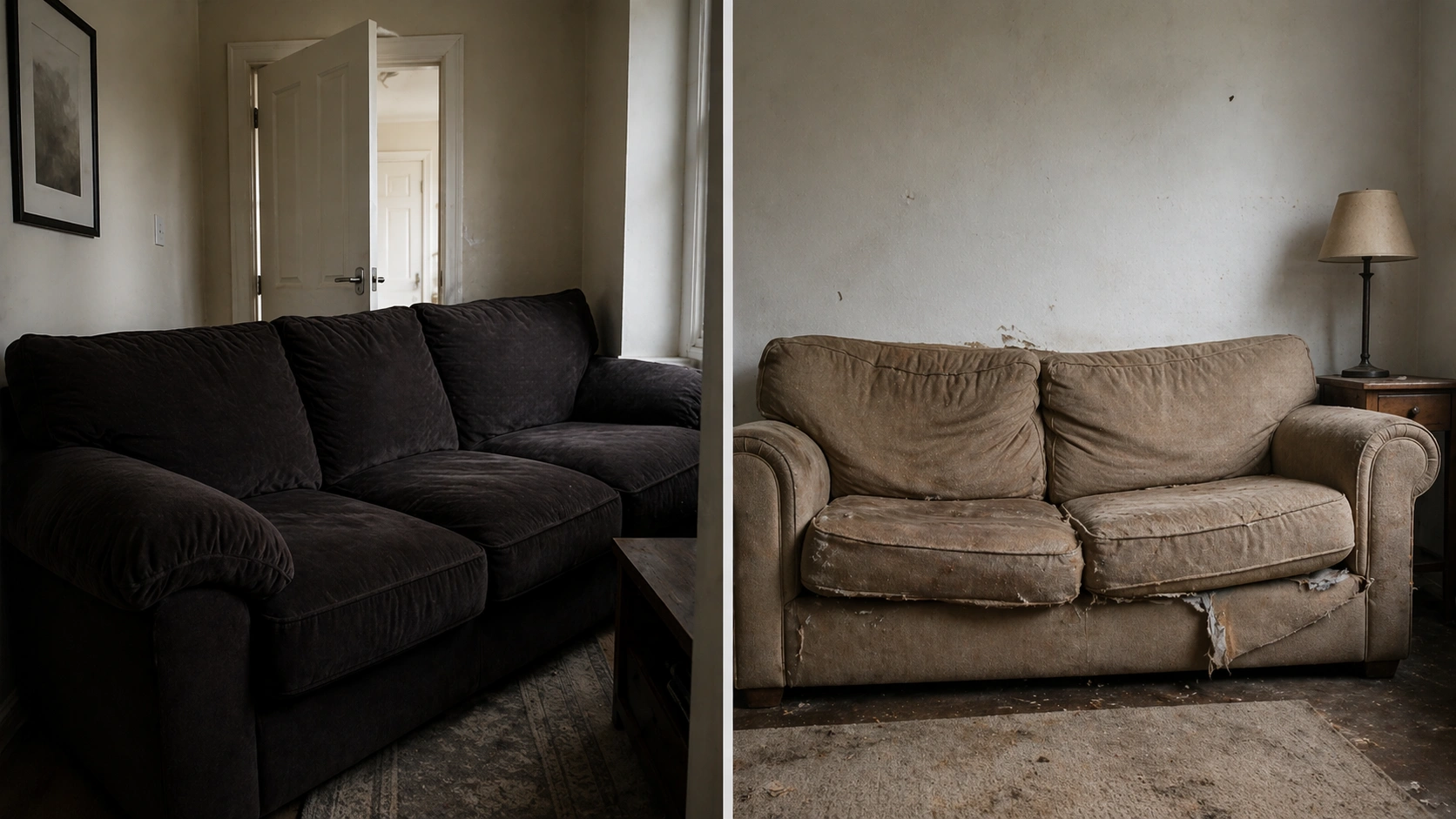 Common sofa buying mistakes illustration showing wrong size and poor quality issues