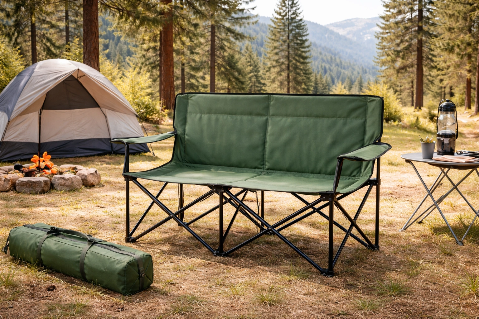 Portable lightweight camping sofa set up at a campsite
