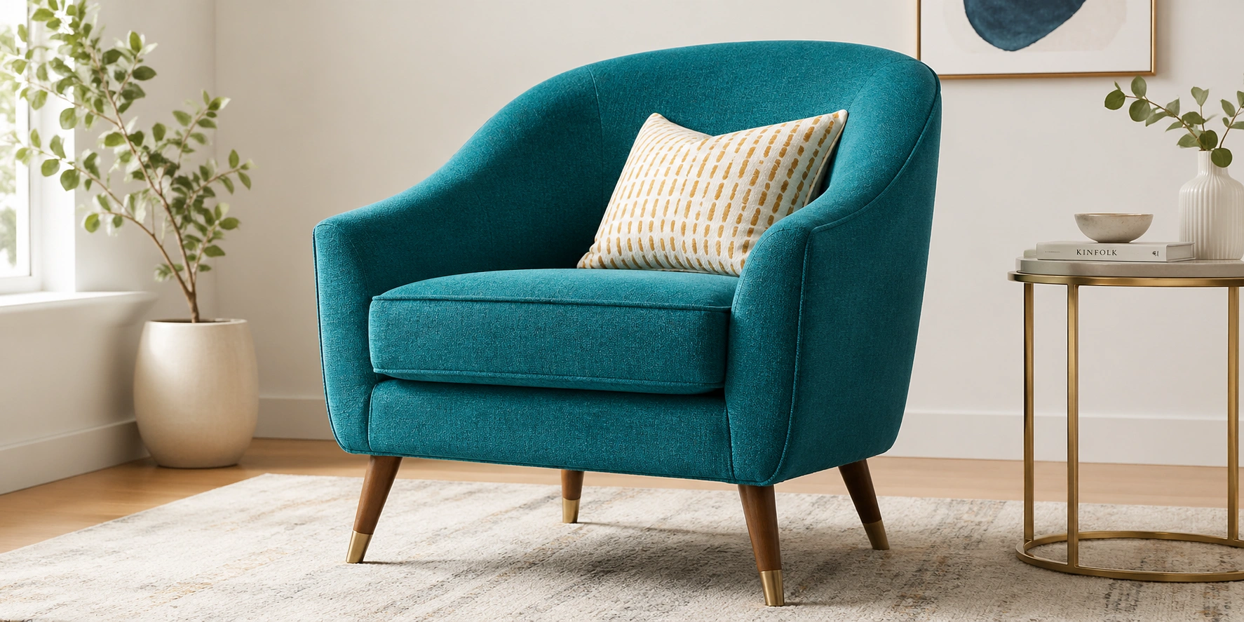 Accent sofa chair in a colorful fabric with clean lines