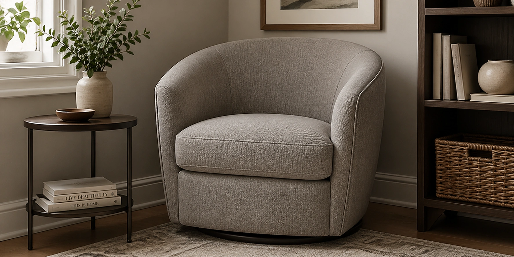Barrel chair with curved back wrapping around the seat