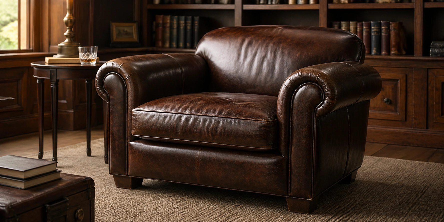 Classic club chair with deep cushioning and rolled arms