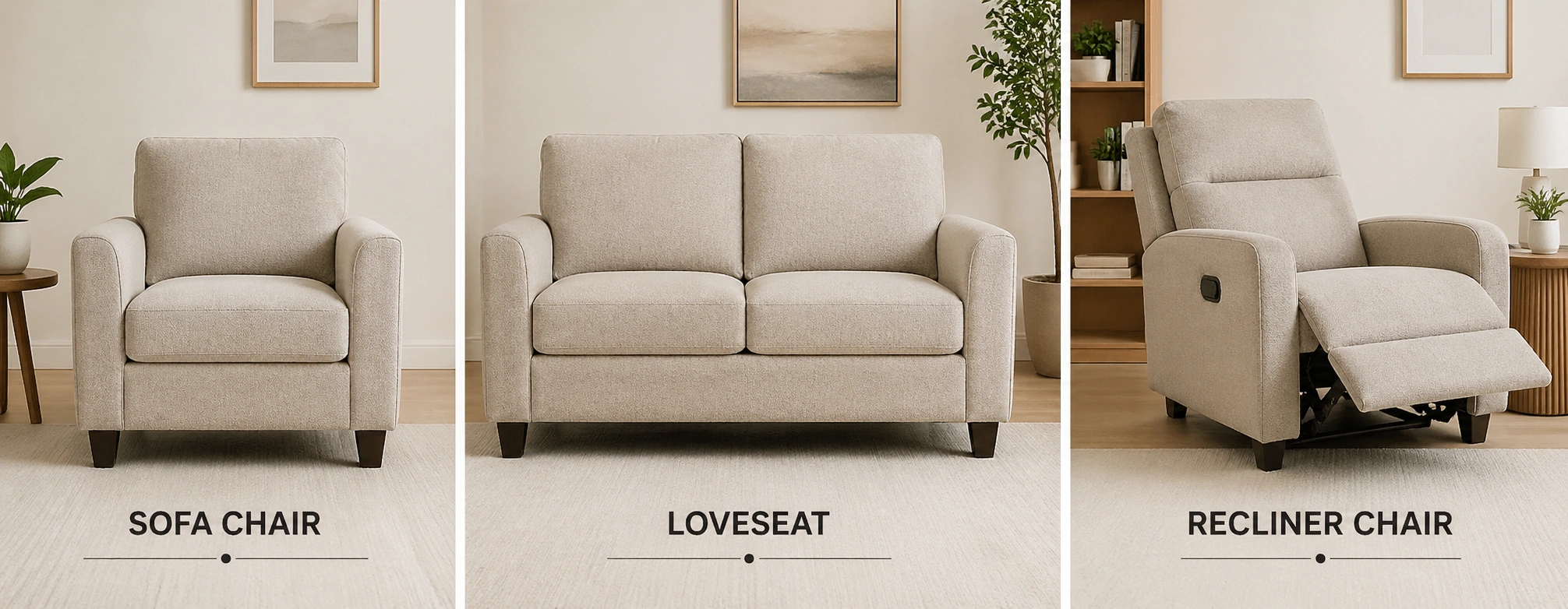 Visual comparison showing sofa chair alongside loveseat and recliner