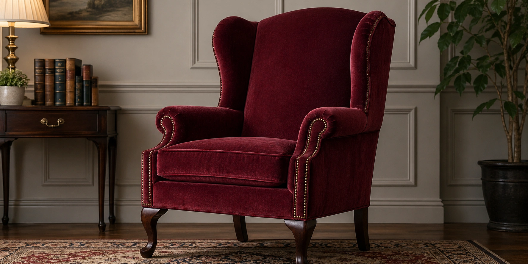 Traditional wingback chair with tall protruding wing sides