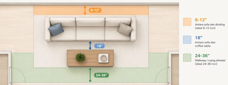 Overhead diagram showing clearance space around a sofa with coffee table and walkways