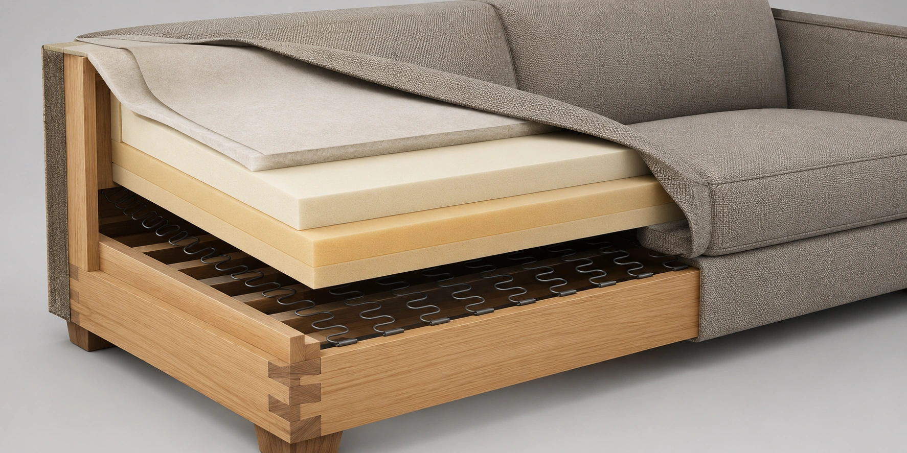 Illustration of sofa construction cost factors including frame springs cushions and upholstery