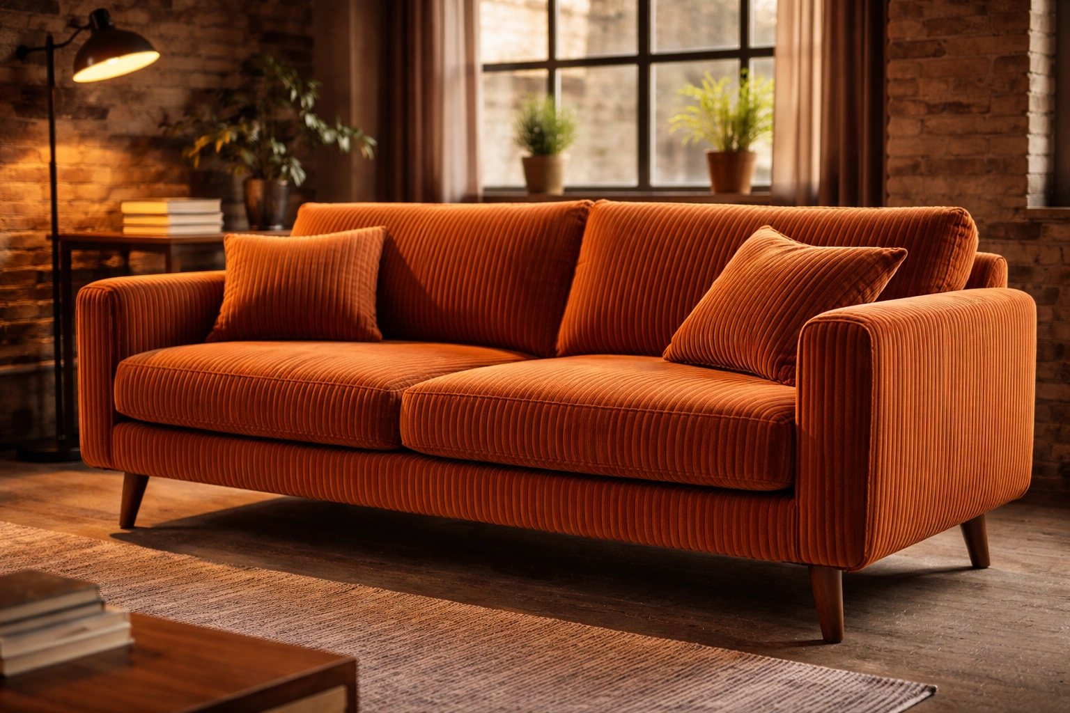 Corduroy couch with textured ribbed fabric in warm earth tones