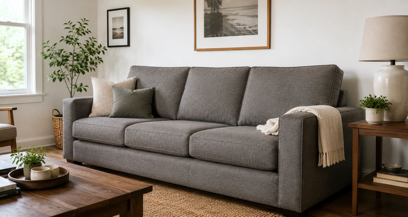 Living room with a quality sofa showing cost considerations