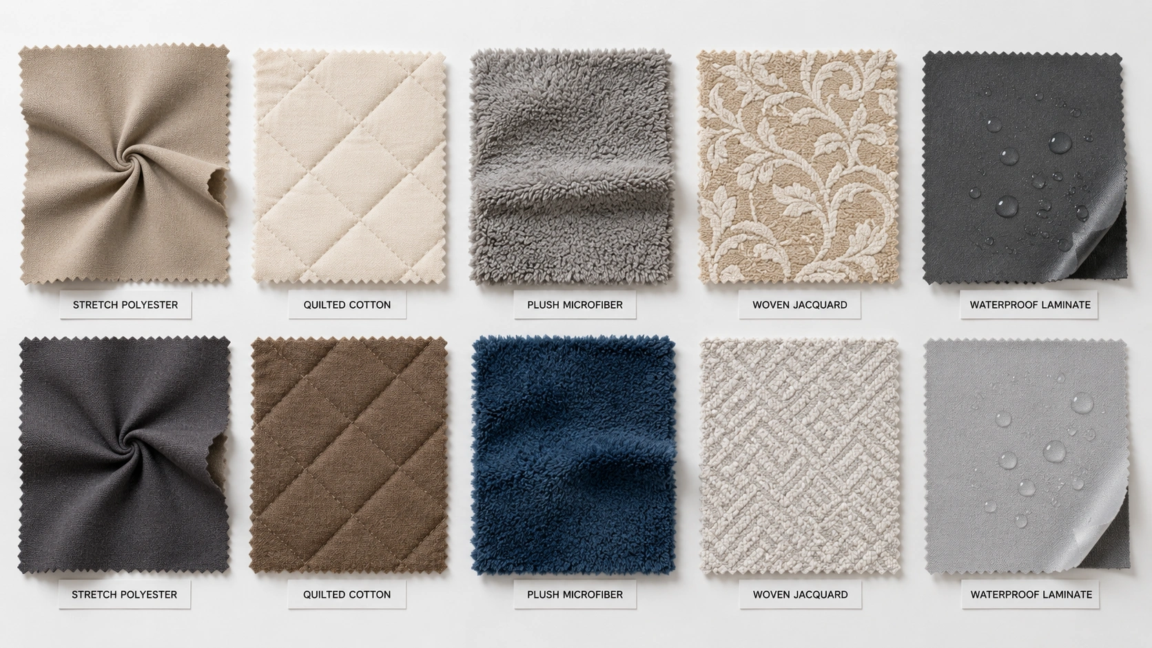 Collection of sofa cover fabric swatches in different colors and textures