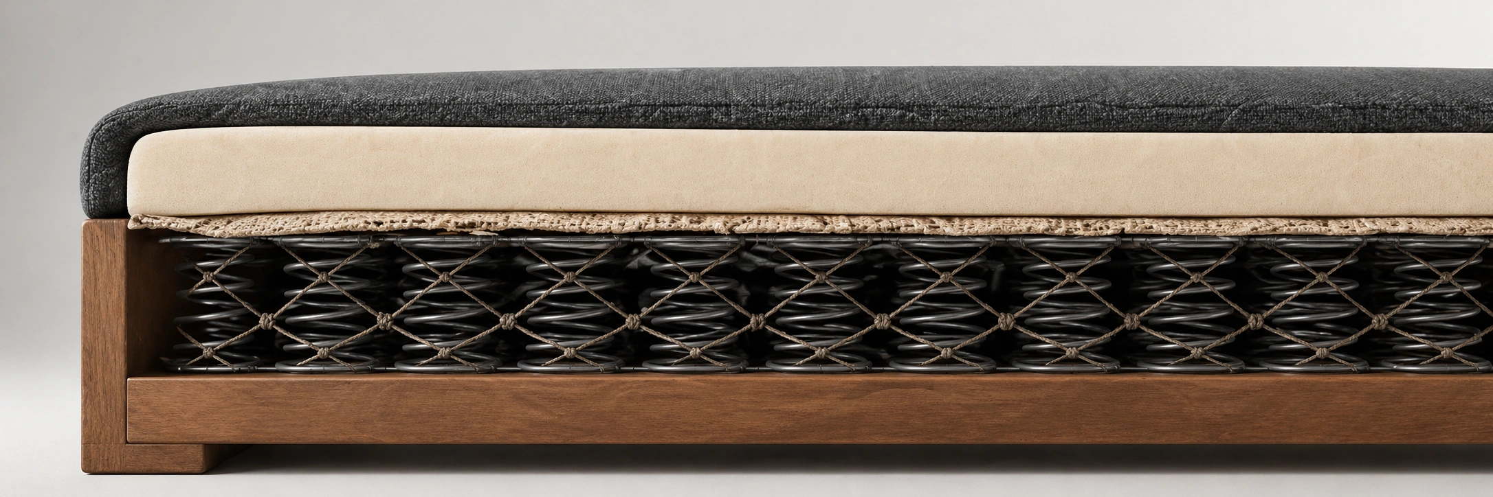 Cross section diagram of sofa showing spring system layer between frame and cushions