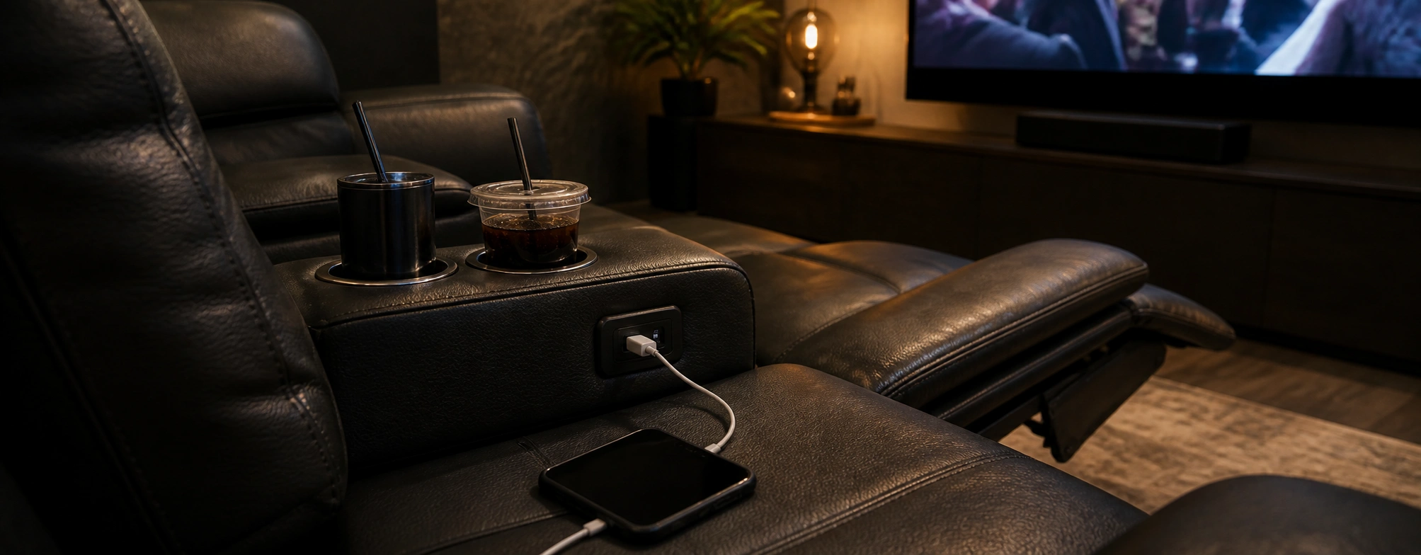 Reclining sofa with built-in cup holders and USB ports ideal for movie marathon sessions