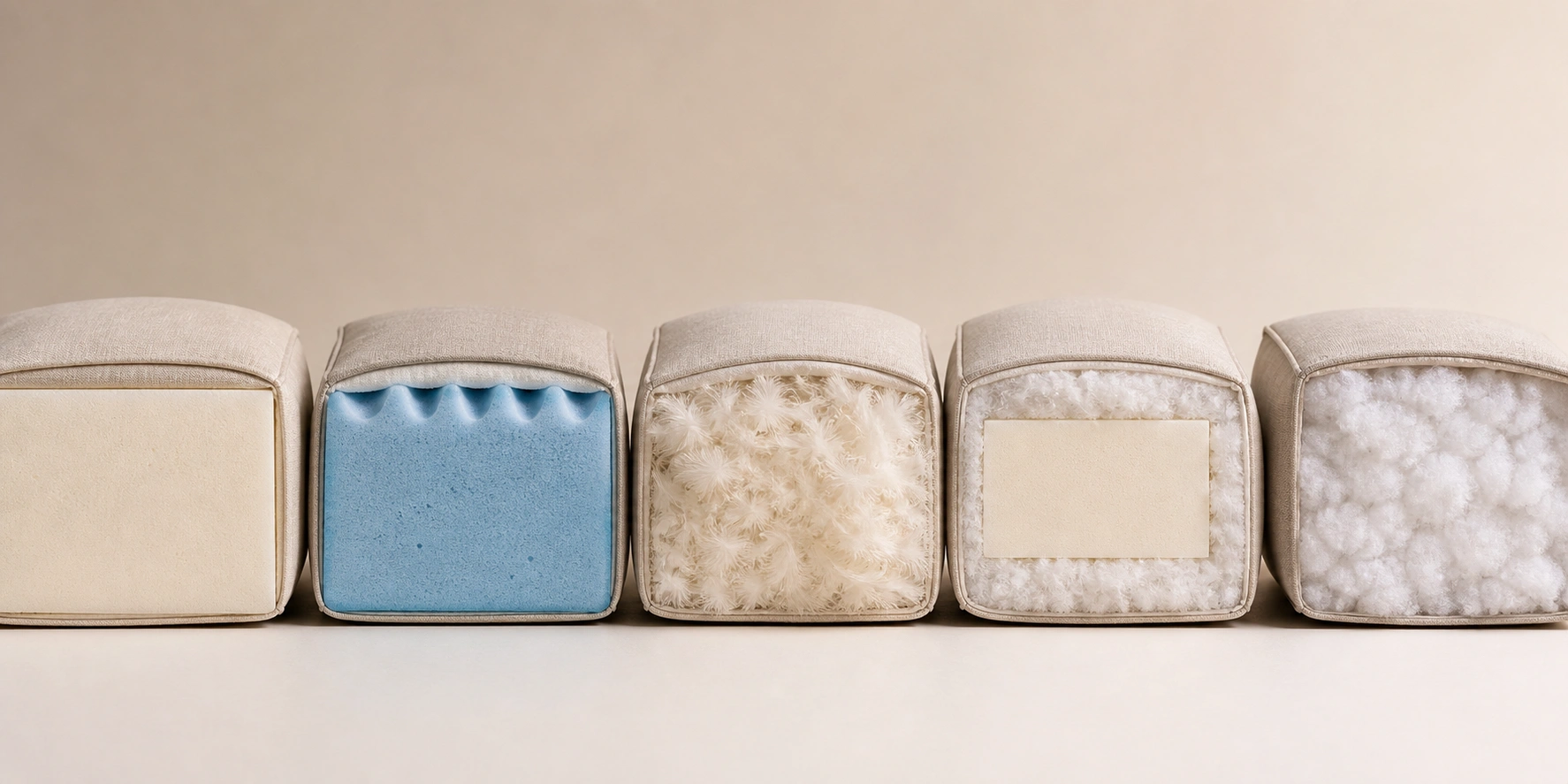 Cross-section comparison of different sofa cushion fill types including foam, down, and hybrid wraps