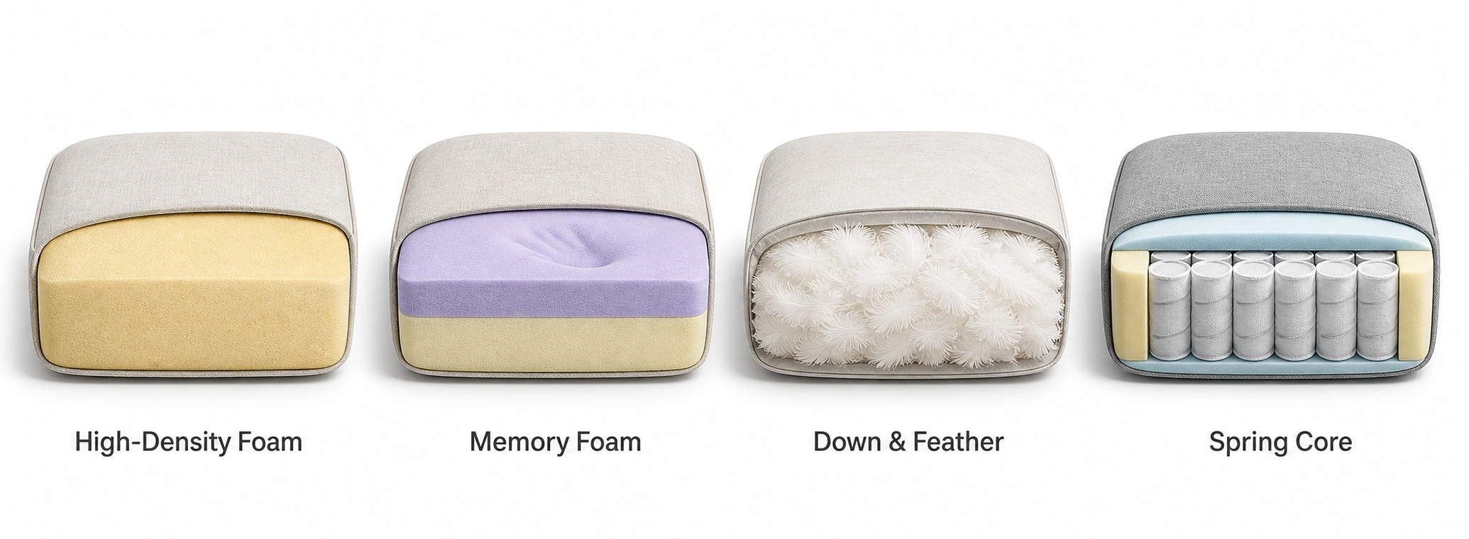Cross-section showing different sofa cushion fill types including foam, down, and hybrid