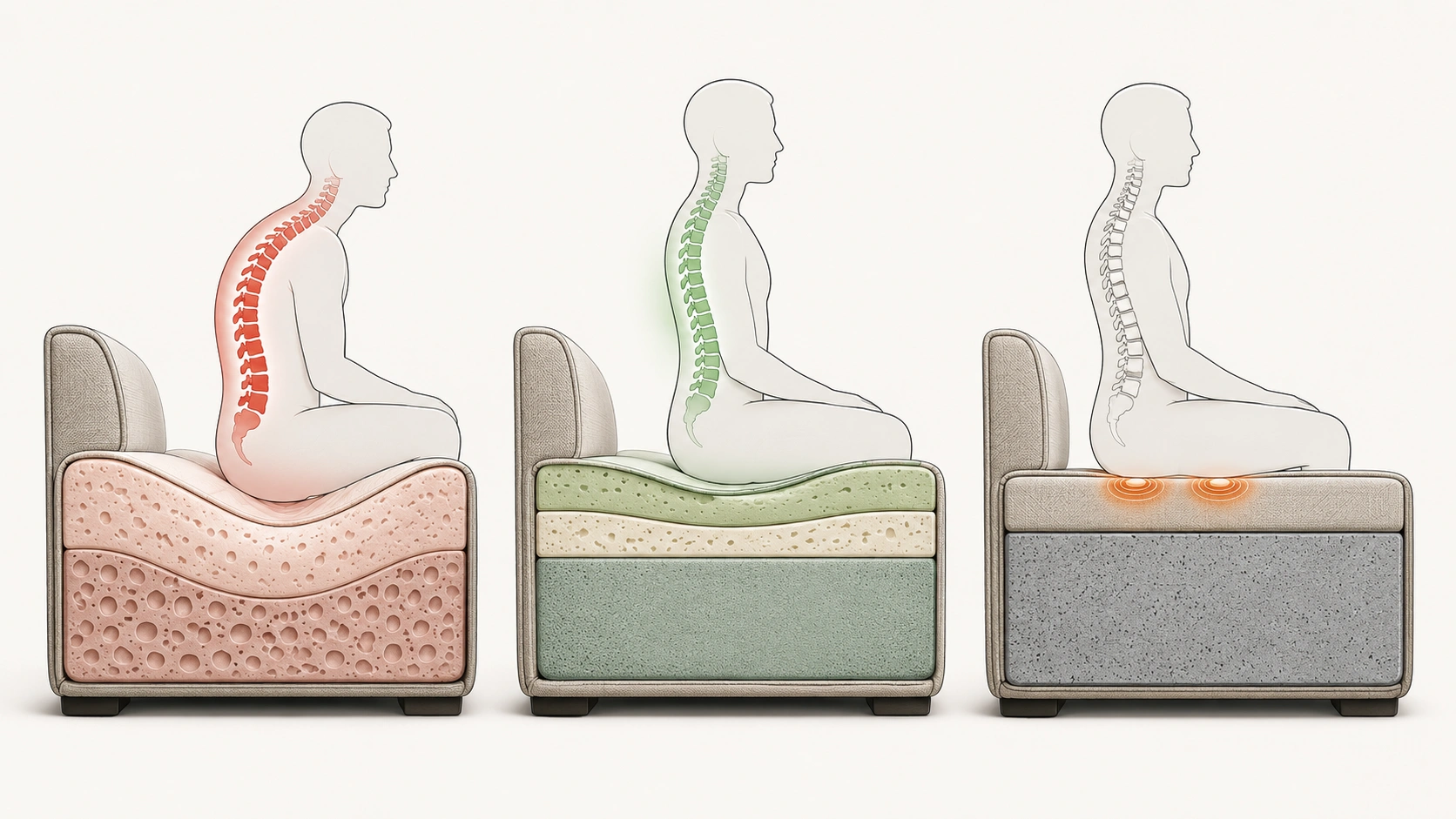 Cross-section showing different cushion firmness levels and their effect on spinal alignment