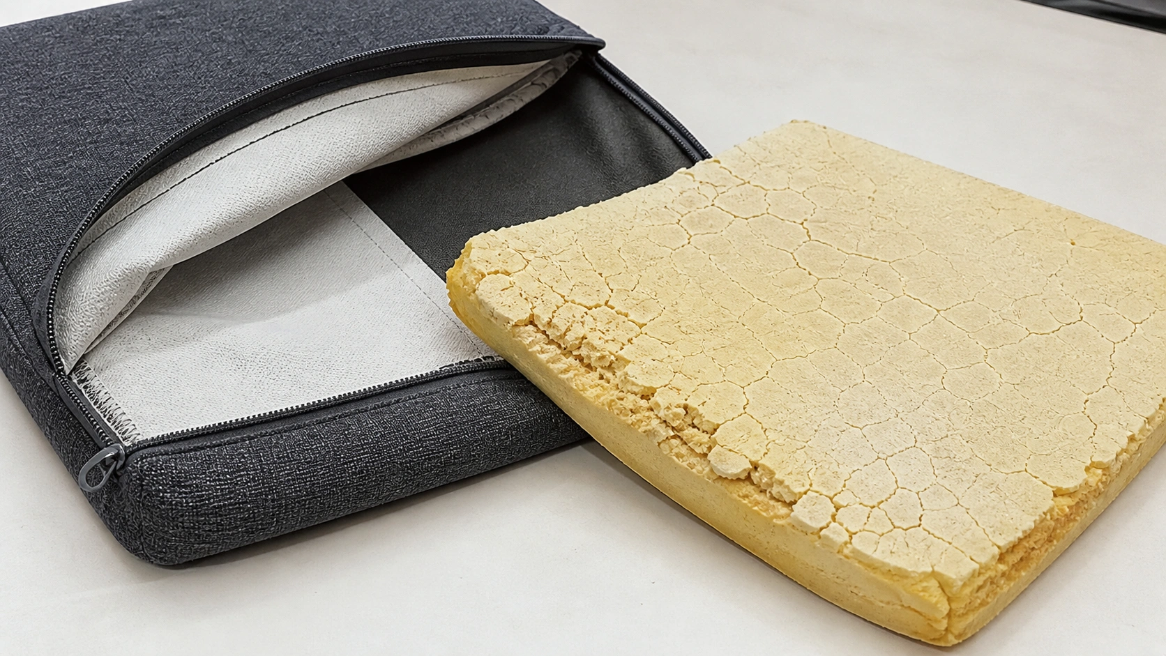 Interior of a sofa cushion showing old degraded foam insert that needs replacement