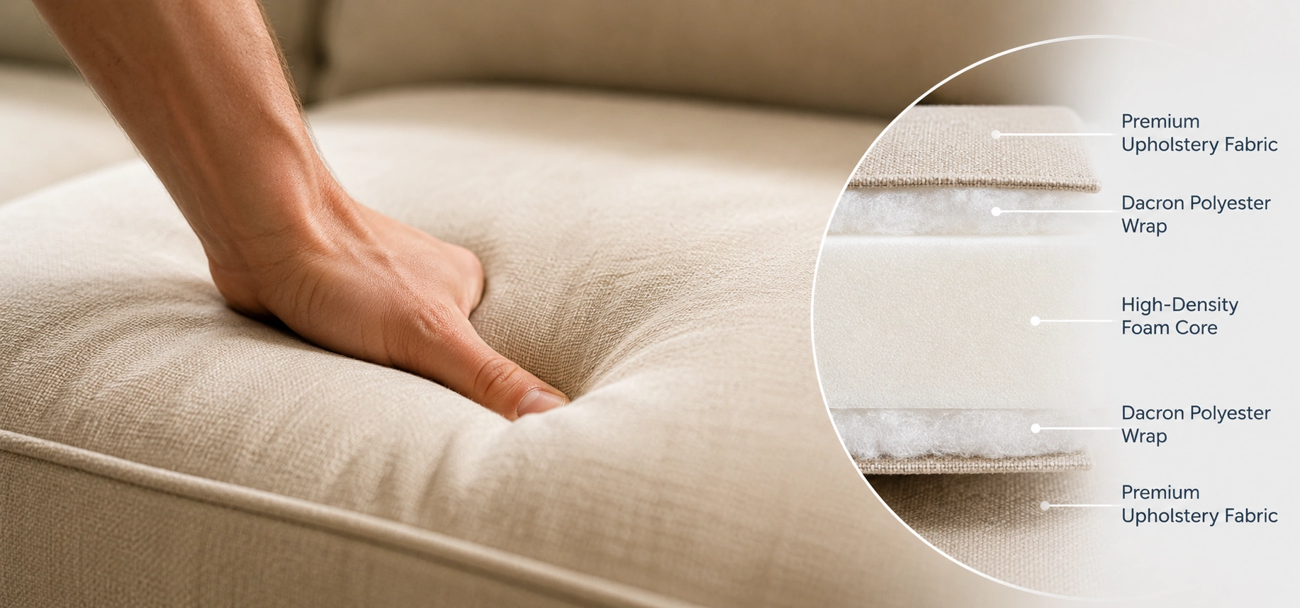 Testing sofa cushion quality by pressing and checking foam density recovery