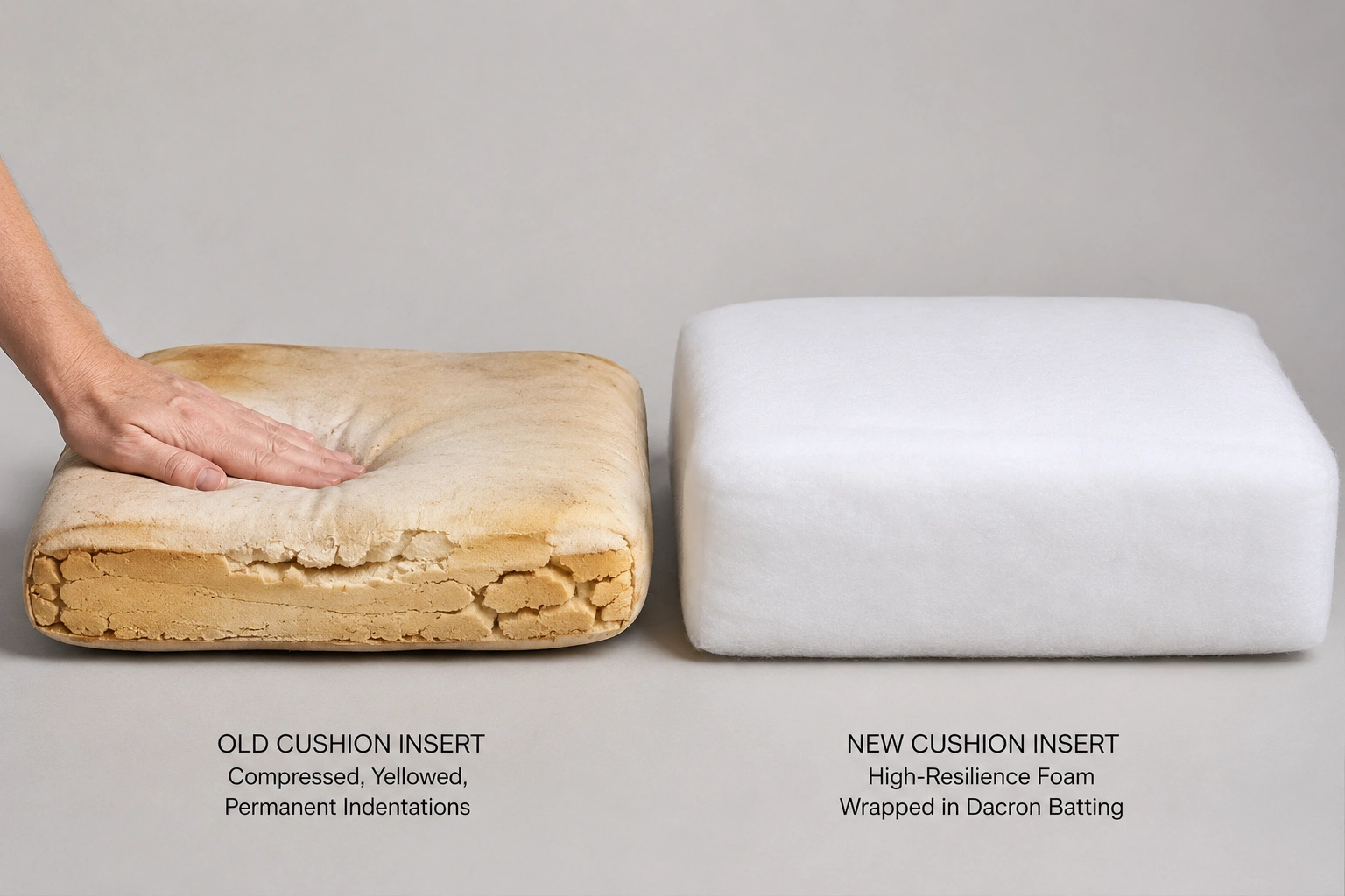 Side by side comparison of old flat sofa cushion next to new firm replacement cushion insert