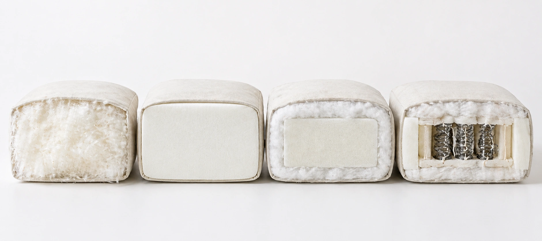 Comparison of different sofa cushion types showing down, foam, and spring-down fills for comfort