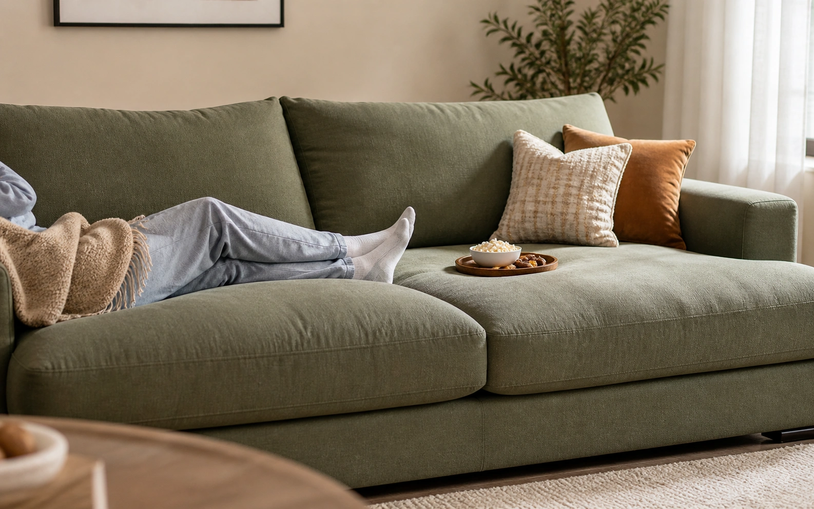 Deep seat sofa with plush cushions for relaxed movie viewing