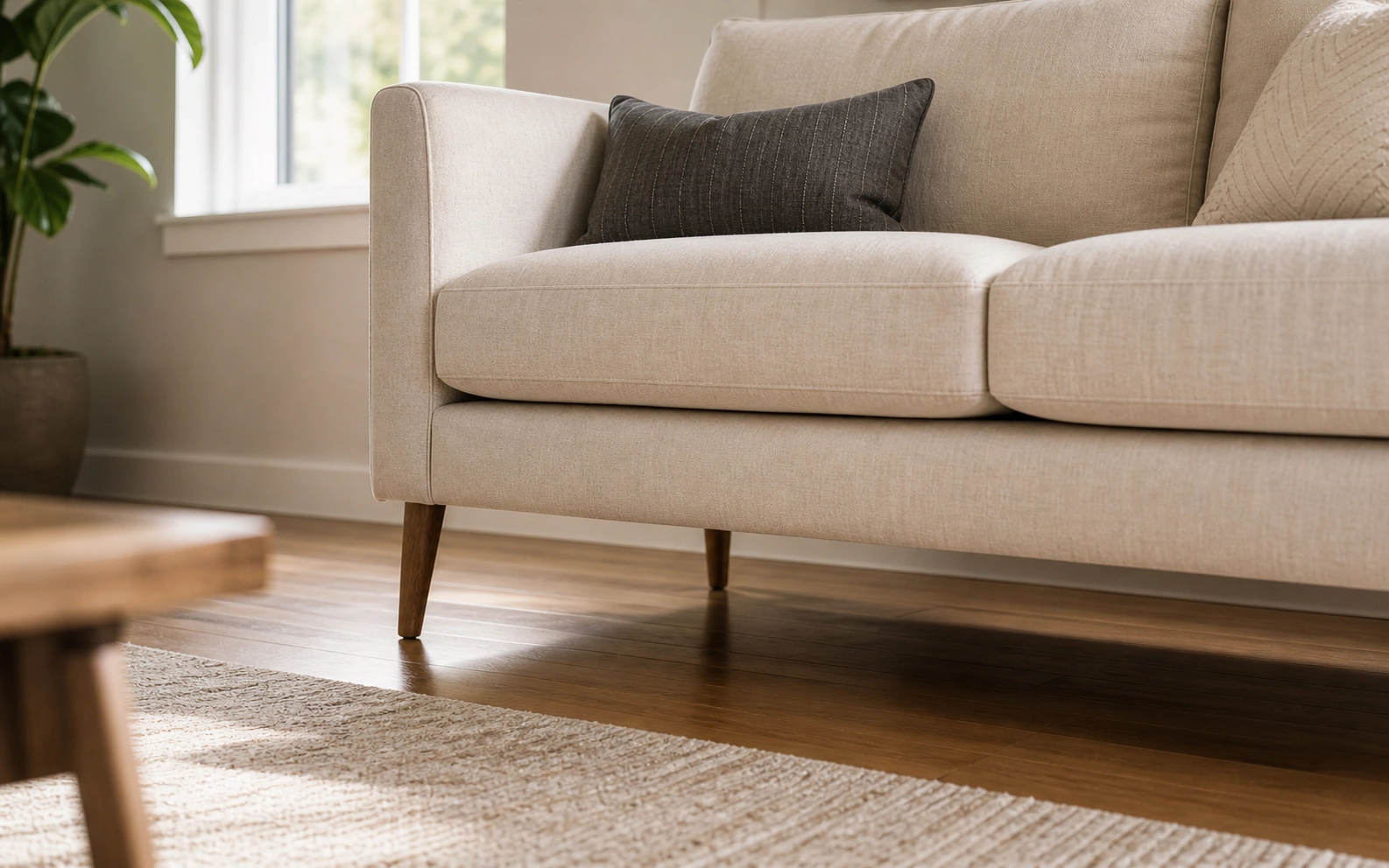 Sofa with exposed legs in a compact room showing floor space beneath
