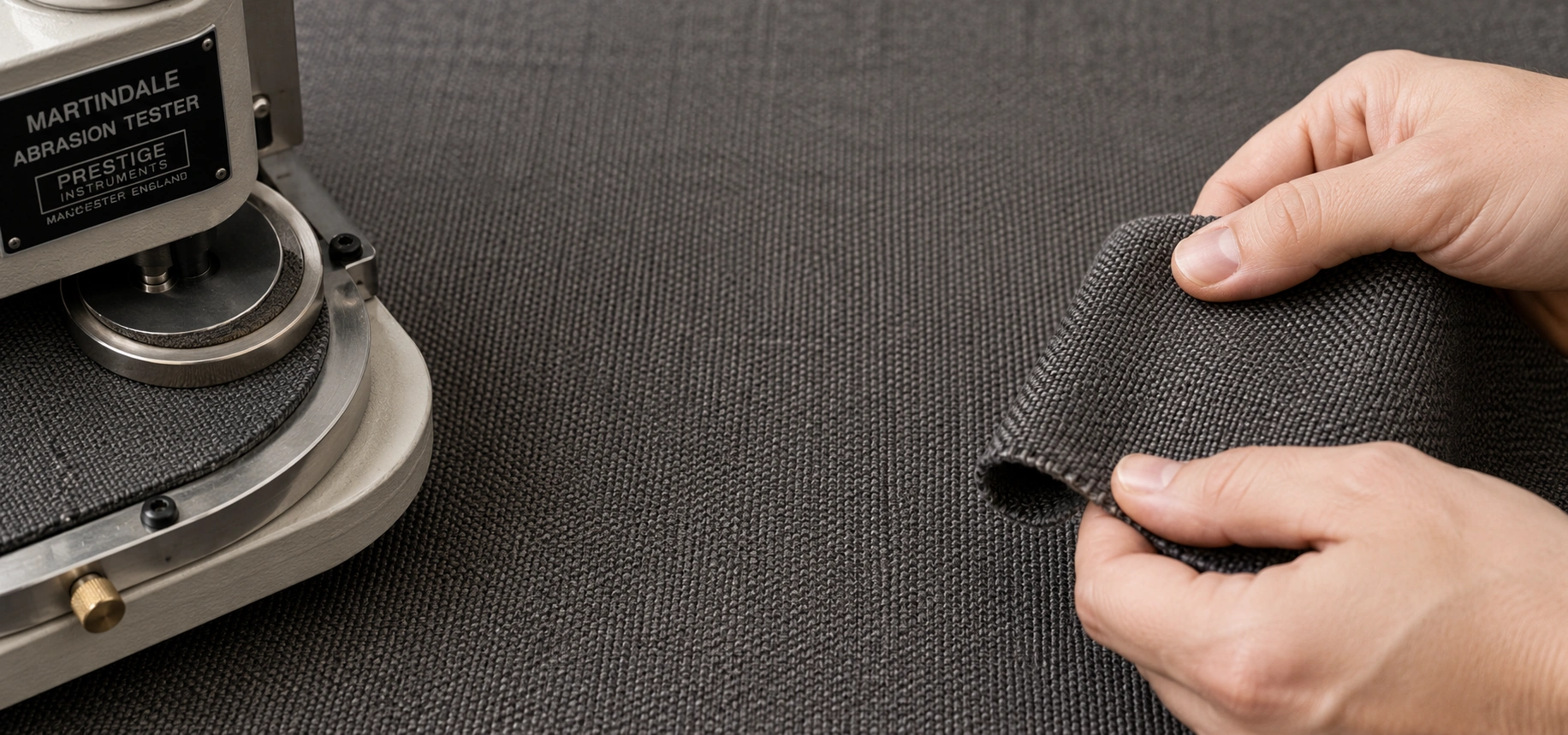 Close-up examination of sofa upholstery fabric texture and weave quality