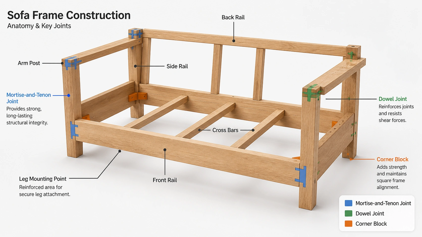 Anatomy diagram of sofa frame showing rails, arms, legs, cross bars, and joint types