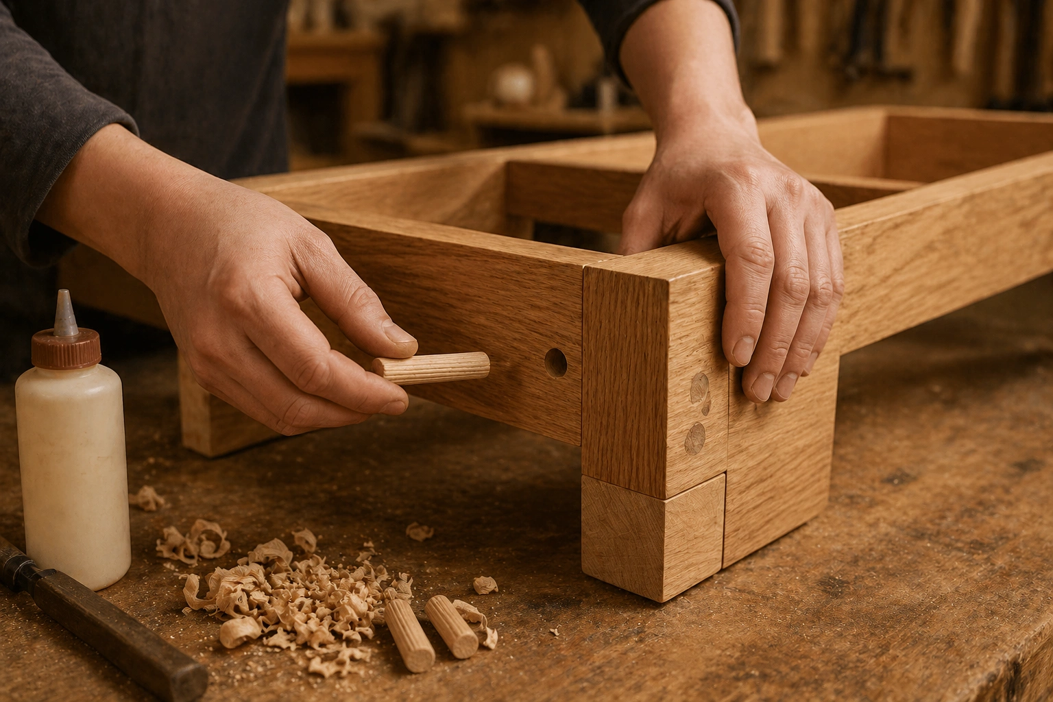 Close-up of sofa frame construction showing kiln-dried hardwood joints