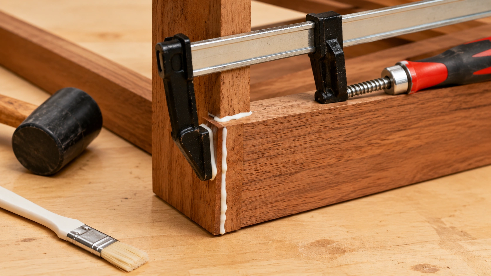 Wooden sofa frame joint being reinforced with wood glue and clamps to fix squeaking caused by loosened joints