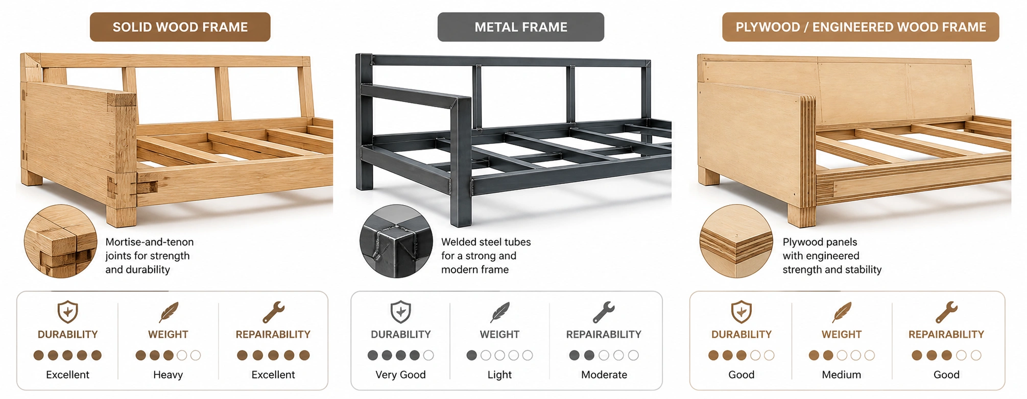Side-by-side comparison of wooden, metal, and plywood sofa frames