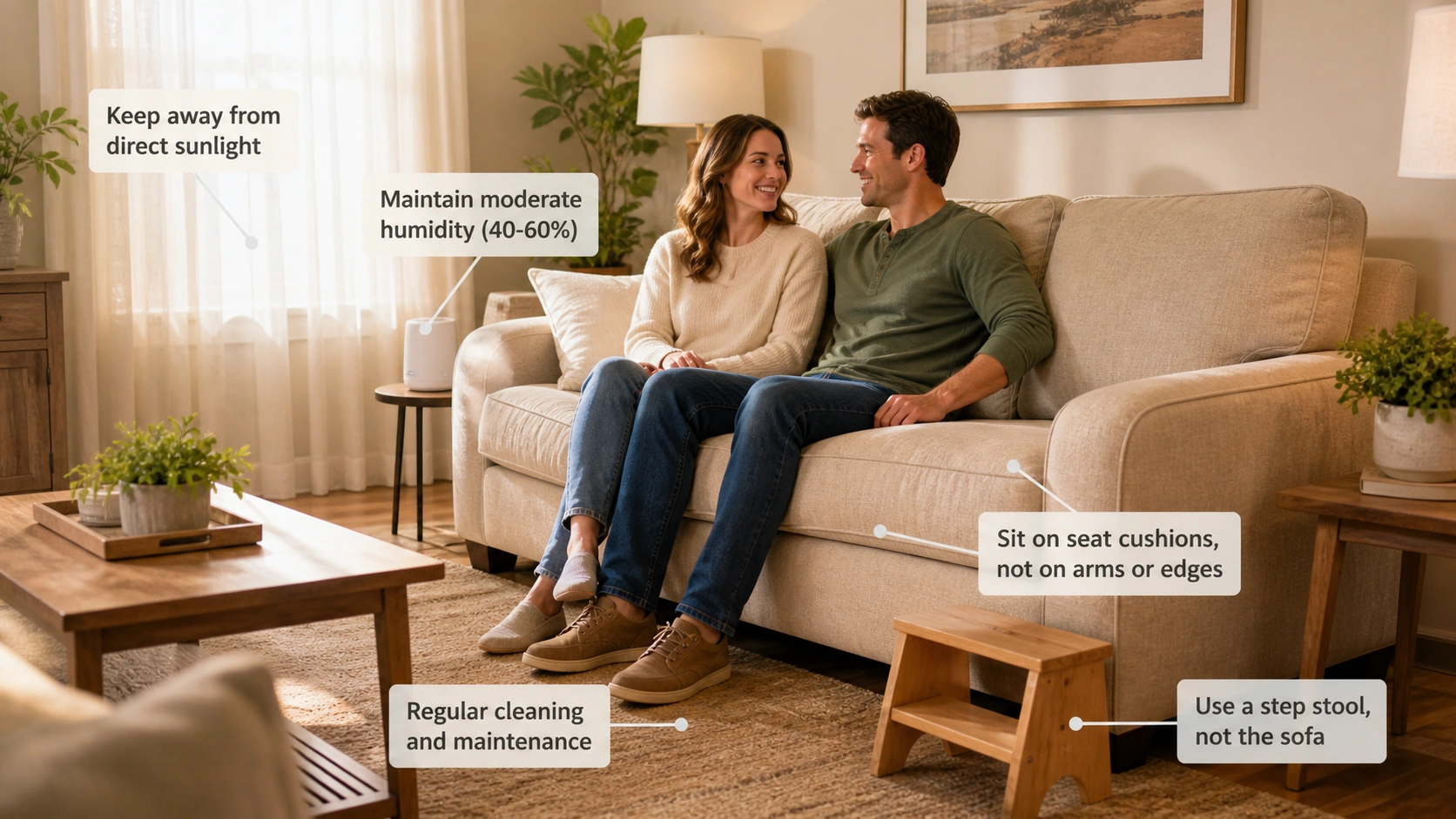 Proper sofa placement and maintenance habits to prevent frame damage including avoiding edge sitting and direct sunlight