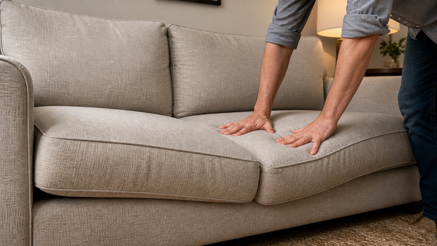 Person testing sofa frame stability by pressing down on the seat to check for wobble and creaking sounds