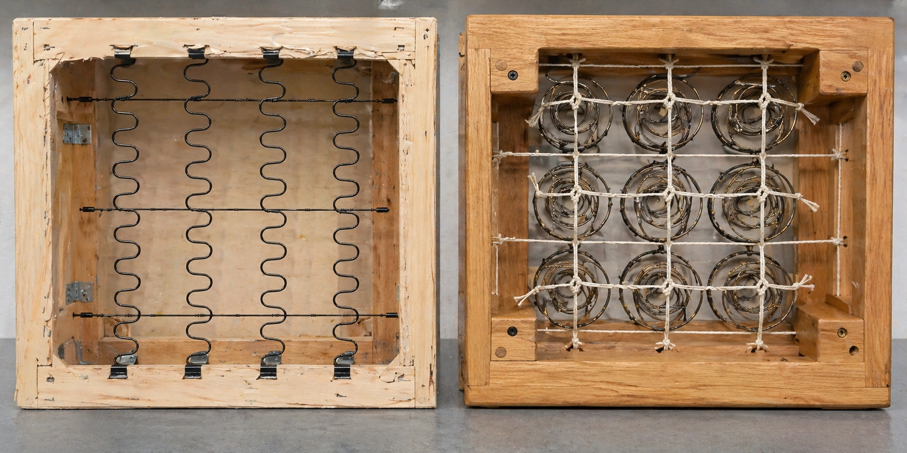 Side by side comparison of custom sofa frame joints versus mass produced frame construction