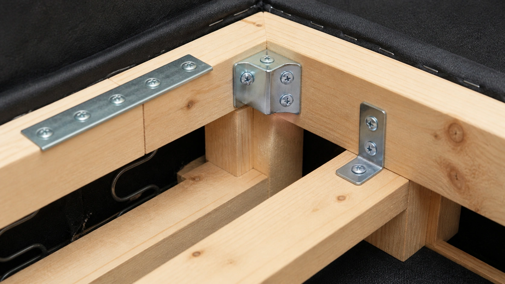 Metal corner braces and mending plates installed on sofa frame joints for added structural reinforcement