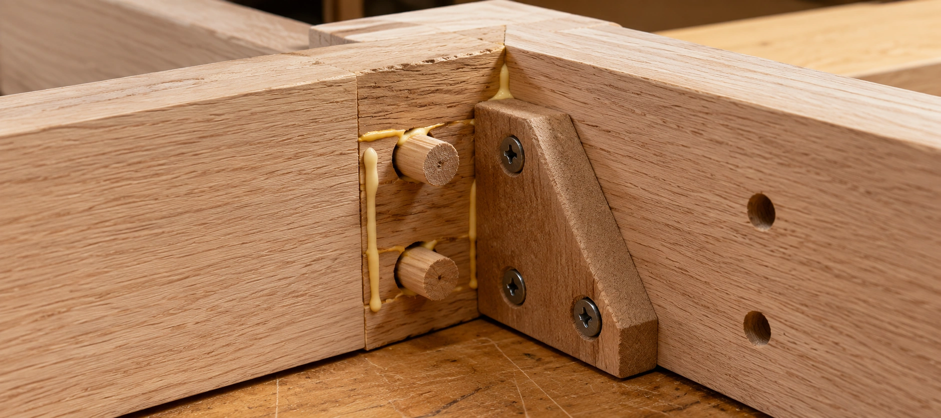 Close-up of quality sofa frame joints showing dowels and corner blocks