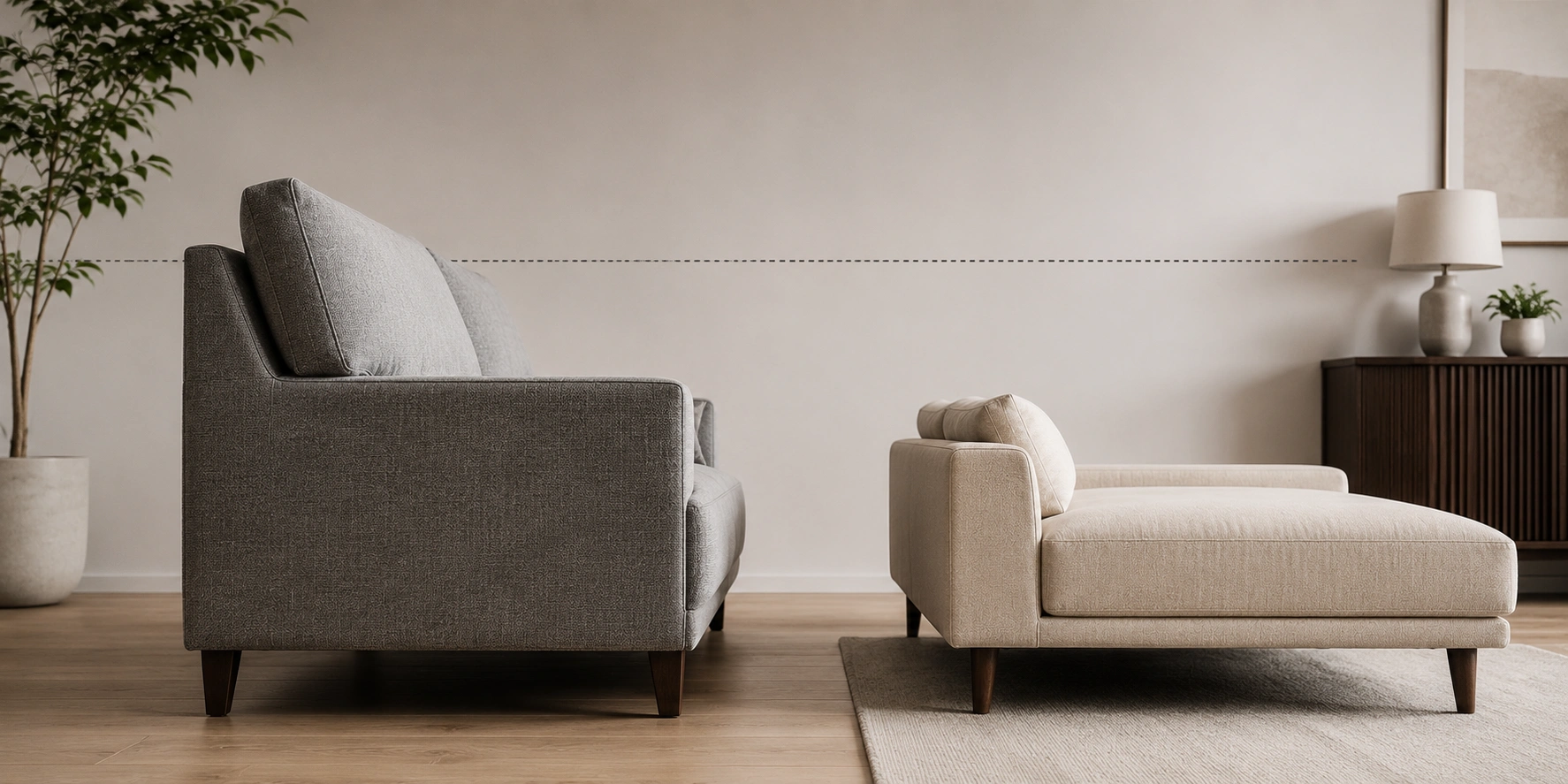 Side-by-side visual comparison showing the height difference between a high back sofa and a low back sofa