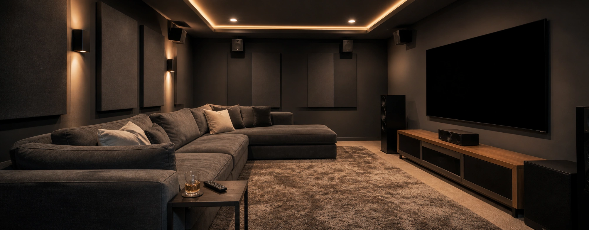 Home theater room with comfortable sectional sofa positioned facing large TV screen