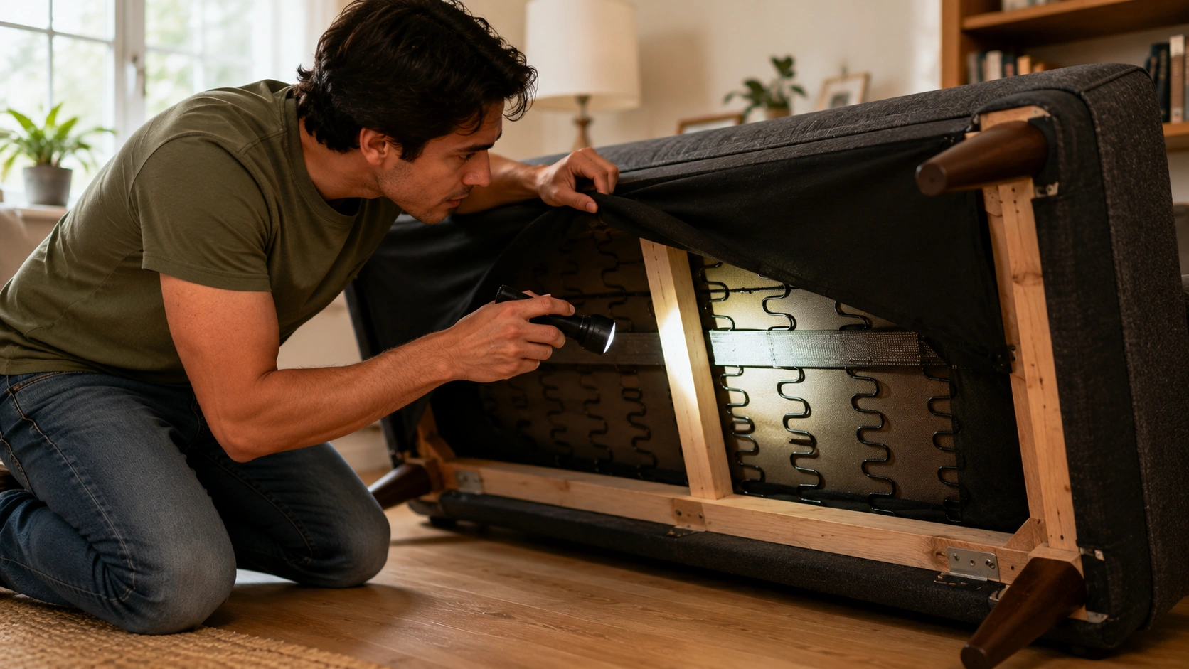 Person inspecting underneath a flipped sofa with a flashlight to find the source of squeaking noise